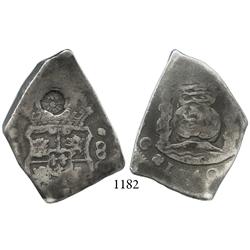 Guatemala City, Guatemala, cob 8 reales, 1740J, with sun-over-mountains countermark of Guatemala (Ty