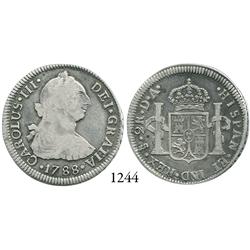 Santiago, Chile, bust 2 reales, Charles III, 1788DA.