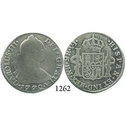 Bogotá, Colombia, 2 reales, Charles III, 1772VJ (mintmark N•R, assayer V•J).