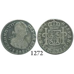 Bogotá, Colombia, bust 1 real, Ferdinand VII, 1819FJ, inverted J.