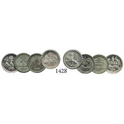 Lot of 4 Guatemala City, Guatemala, 1/4 reales, 1878, 1881, 1882 and 1888, some with doubled dates.