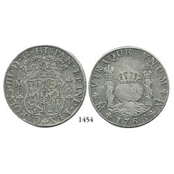 Mexico City, Mexico, pillar 8 reales, Charles III, 1766MF.