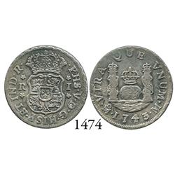 Mexico City, Mexico, pillar 1 real, Philip V, 1743/2M, rare overdate.