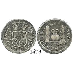 Mexico City, Mexico, pillar 1 real, Ferdinand VI, 1750/49M, rare overdate.