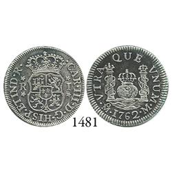 Mexico City, Mexico, pillar 1 real, Charles III, 1762M, rare variant with cinquefoil ornaments.