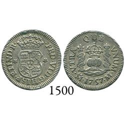 Mexico City, Mexico, pillar 1/2 real, Ferdinand VI, 1757M, dissimilar crowns.