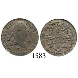 Segovia, Spain, copper 2 maravedís, Charles IV, 1808, encapsulated PCGS MS-63BN.