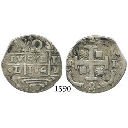 Caracas, Venezuela, "imitation cob" 2 reales, "184" date, M-L, rare.
