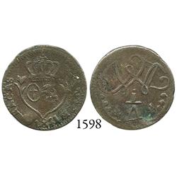 Caracas, Venezuela, copper 1/4 real, 1821, rare variety.