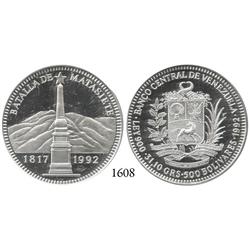 Venezuela, 500 bolivares, 1992, low mintage.