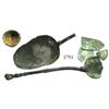 Image 1 : Sundry bronze lot consisting of a spoon (bowl broken) with fist at end of handle, a second spoon (bo