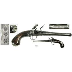 Flintlock pistol, English, ca. 1720 (Queen Anne period), with silver inlays and buttplate, marked an