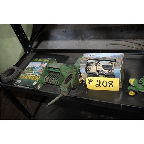 2- Toy JD Balers, 2- Toy Honda Quads, JD Lawn Tractor Toy, 2- Small Toy Tires