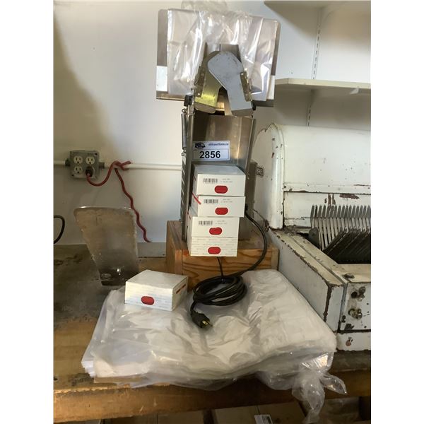 BLOEMHOF BREAD BAGGING MACHINE MODEL M/B 110V WITH 5 BOXES OF PLASTIC & BROWN BAGS
