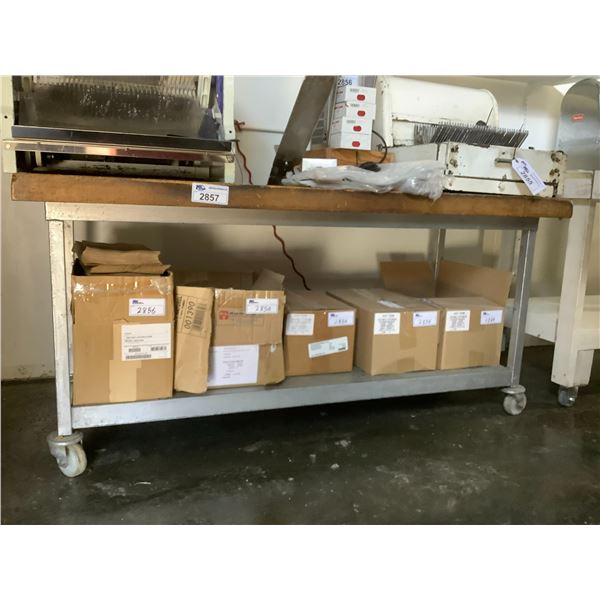 BUTCHER BLOCK TOP & METAL MOBILE CUTTING & MACHINE TABLE 72"X31"X34"H (CONTENTS NOT INCLUDED)