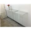 Image 2 : 3 DRAWER 2 DOOR RECEPTION DESK 92"X27"X36"H WITH INSIDE CONTENTS, 3 CLEAR SHELVES & VASE