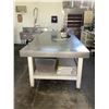 Image 2 : LARGE STAINLESS STEEL & WOOD PREP TABLE WITH CONTENTS UNDERNEATH 120"X48"38"H