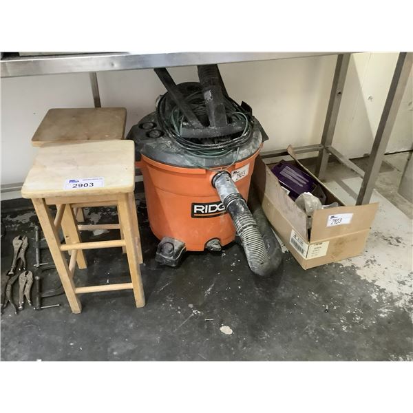 RIDGID SHOPVAC, 2 WOODEN STOOLS, ASSORTED VEHICLE LIGHTS & MORE