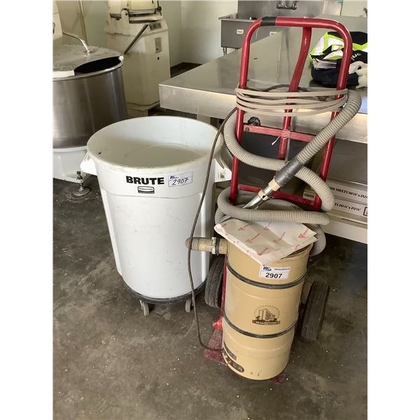 BEAN VAC SYSTEM, 2  WHEEL DOLLY & MOBILE RUBBERMAID BRUTE GARBAGE BIN