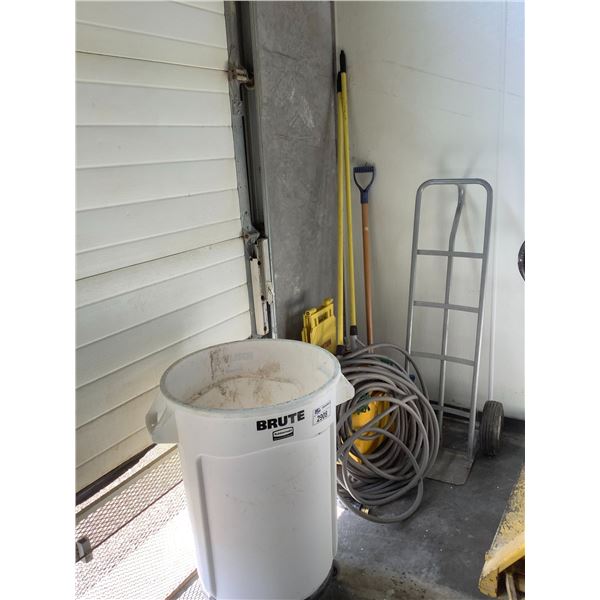 RUBBERMAID BRUTE MOBILE GARBAGE BIN, DOLLY, GARDEN HOSE, MOP, MOP BUCKET & MORE