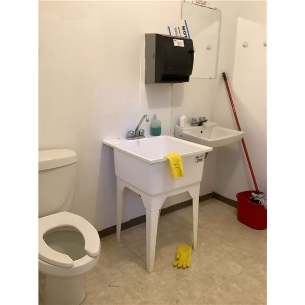 LAUNDRY SINK, PAPER TOWEL DISPENSER & CONTENTS OF SHELVES