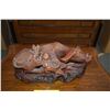 Image 2 : VINTAGE CHINESE CARVED WOOD STATUE, WATER BUFFALO W/CHILD, ON CUSTOM STAND (12" L)