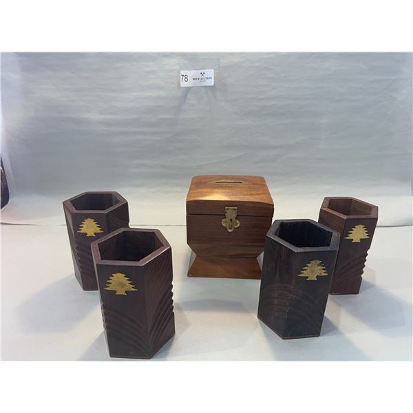 wooden coin box and 4 x carved wooden pen holder