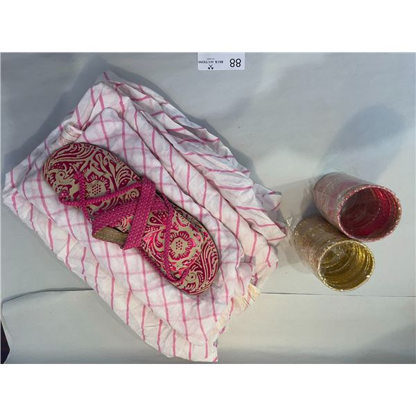 Pink striped capri pants and shawl, with accessories