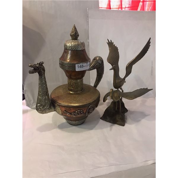Asian Themed Copper Decorative Jug & Brass Pelican Statue