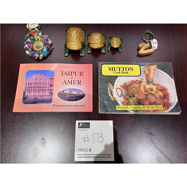 Wooden Frog/Turtle Statuettes, Mutton Cook Book, Jaipur & Amer Post Card Book and 2 Keychains