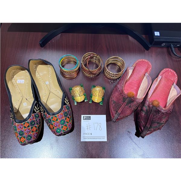 2 Pairs of Shoes, 2 Turtle/Frog Figurines & Bundle of Bangles
