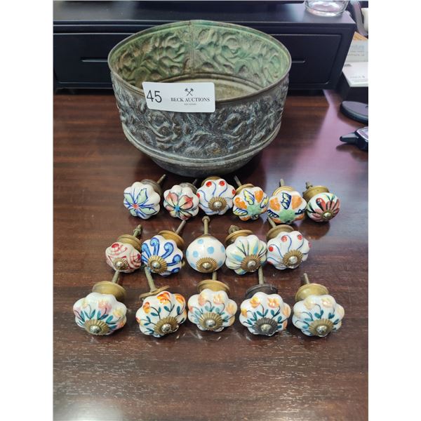 Assorted Indian Knobs & Metal Bowl