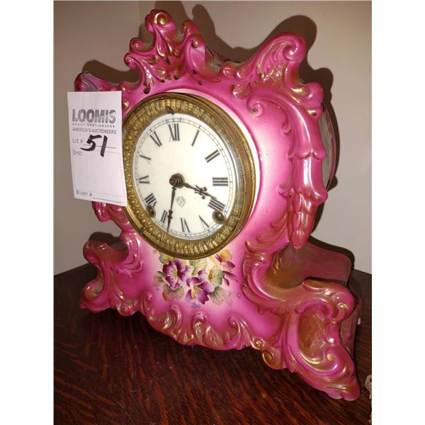ANTIQUE CHINA "WHISPER" MANTEL CLOCK, MFG BY ANSONIA CLOCK CO, NEW YORK, W/ KEY
