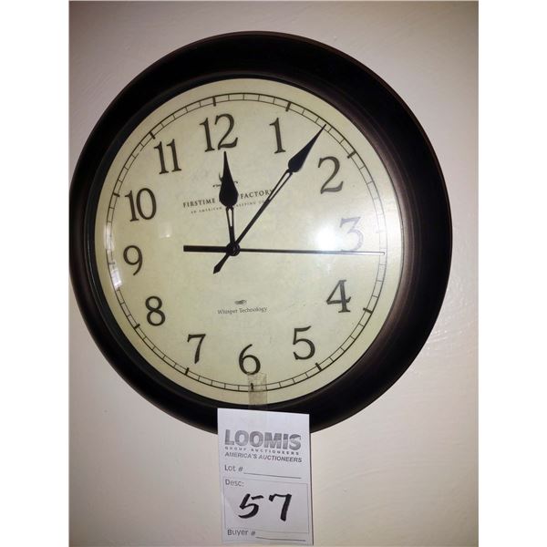 FIRST TIME MANUFACTORY WOOD FRAMED, BATTERY OPERATED WALL CLOCK, WHISPER TECHNOLOGY