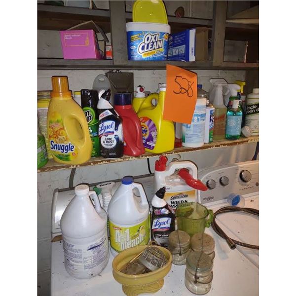 LOT OF ASSORTED CLEANERS, MOSTLY FULL, GREEN DEPRESSION MEASURING CUP