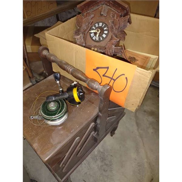 ANTIQUE SERVICE CART AND CUCKOO CLOCK, 2 FISHING REELS