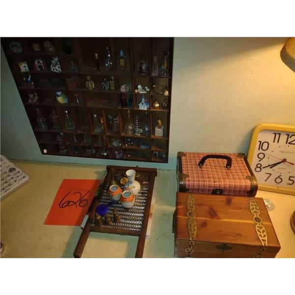 PAIR OF CASES, COLLECTIBLES & NICE DISPLAY SHELF