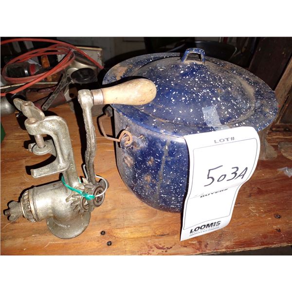 ANTIQUE FRUIT GRINDER W/ METAL ENAMEL POT