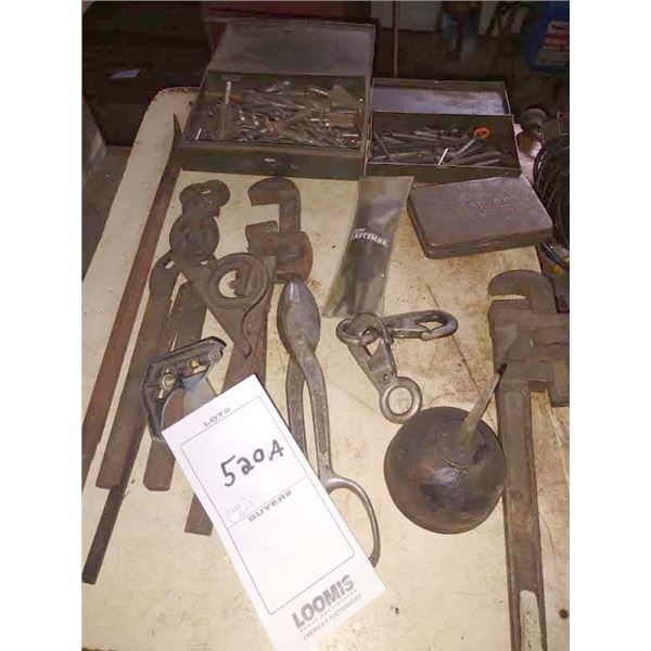 TABLE LOT OF TOOLS, PIPE WRENCHES, BITS, OIL CAN, ETC.