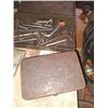 Image 4 : TABLE LOT OF TOOLS, PIPE WRENCHES, BITS, OIL CAN, ETC.