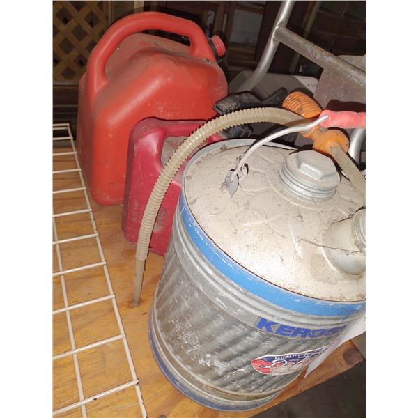 2 GAS CANS, 1 METAL KEROSENE CAN