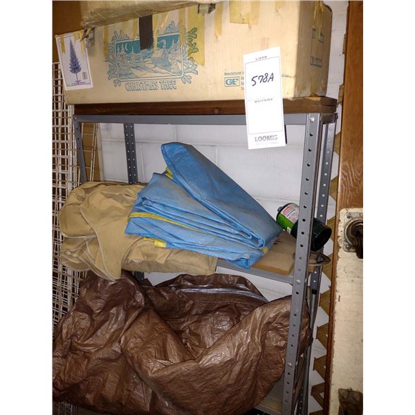 4 PC METAL SHELF W/ TARPS & MISC. GOODS