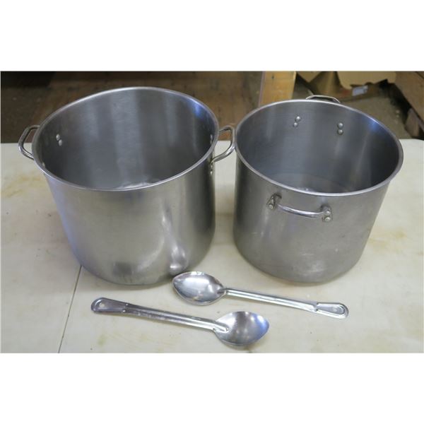 2 Large Stainless Pots (12 & 13in. Wide) & 2 Stainless Spoons