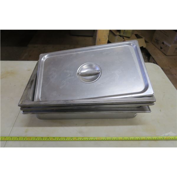 3 Stainless Food Warmer Dishes w/ Lids - 22x14in.