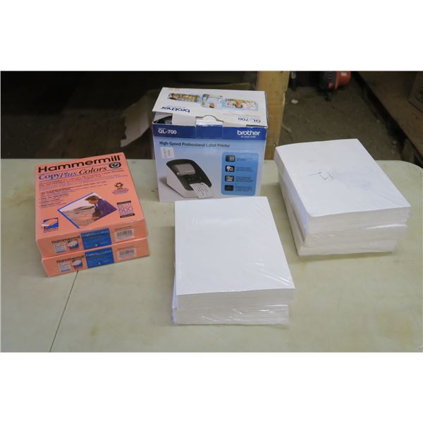 Brother QL-700 Label Printer, 2x 500 Pink Copy Paper, 5x Stacks of Labels for Ink Printers 1.5x4in.
