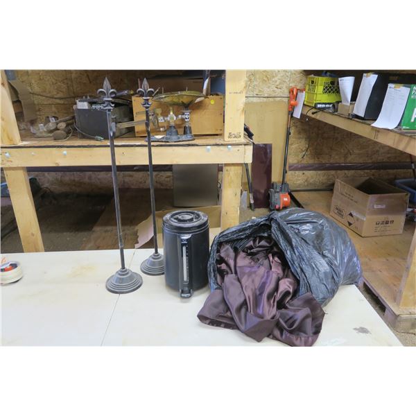 Bag of Brown Cloth Pieces, 2 Ornate Hooks on Stand 31in Tall, Commercial Coffee Carafe