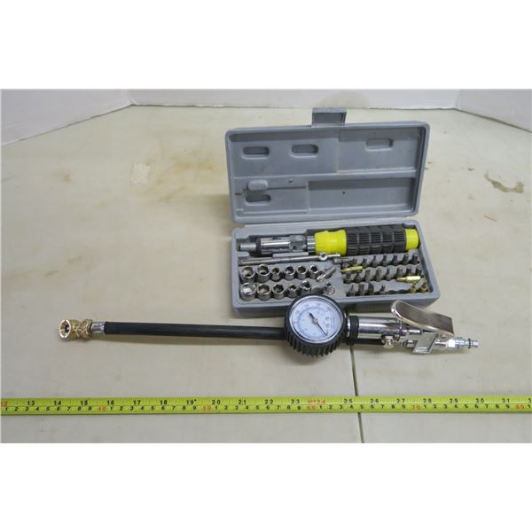 Heavy Duty Tire Pressure Gauge (160psi Max), Swivel Driver & Bit Set Combo