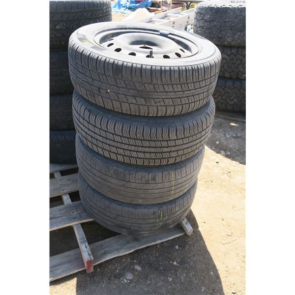4 - Steel 15" Rims with Tires - All 195/60R15, 1x Petlas, 2x HTR Enhance, 1x Motomaster