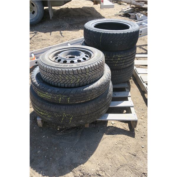 Pallet of 6 Assorted Tires - 2 Matching, 1 on 14" Steel Rim, 1 R17 Donut Tire & Rim