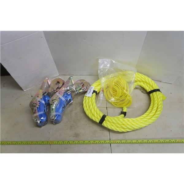 2 Hook End Ratchet Straps 2" x 7ft. 10 000 lbs. & Lot of Ropes
